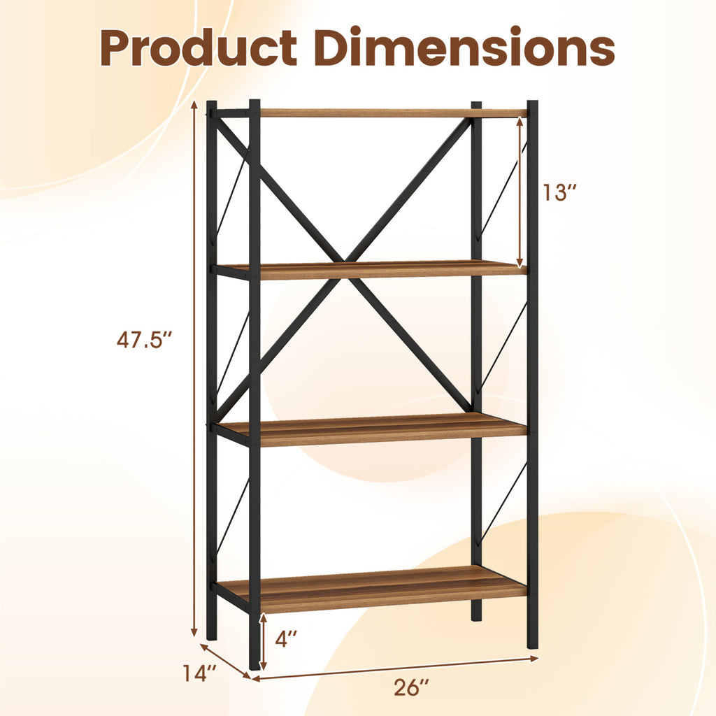 4-Tier Bookshelf with Metal Frame - Walnut