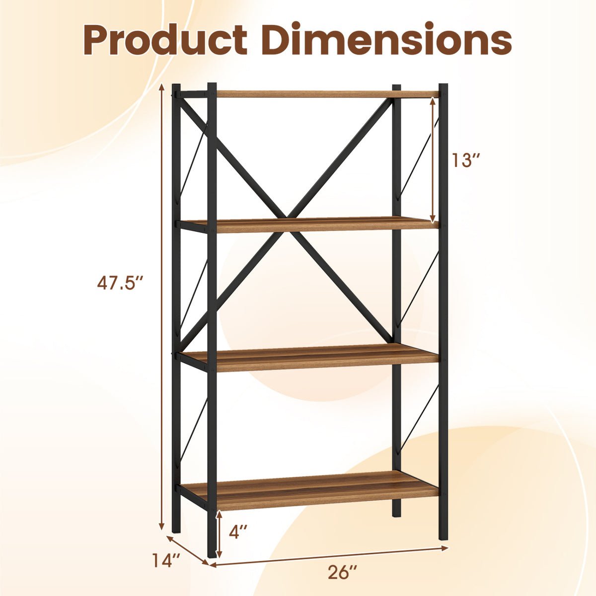 4-Tier Bookshelf with Metal Frame - Walnut