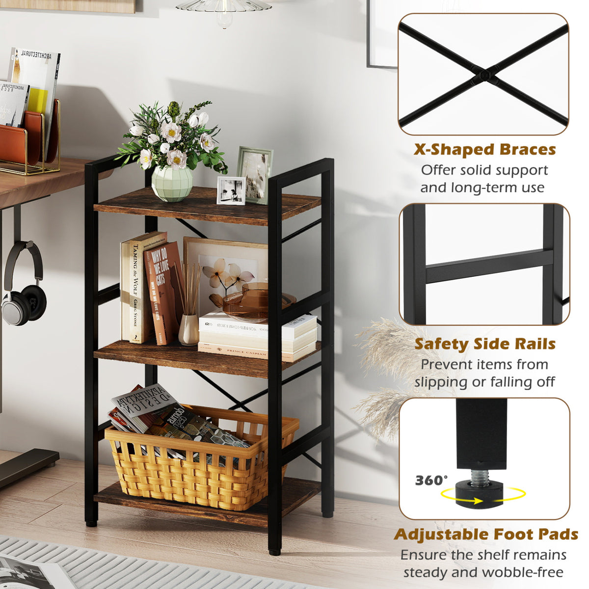 4-Tier Bookshelf with Metal Frame - Rustic Brown