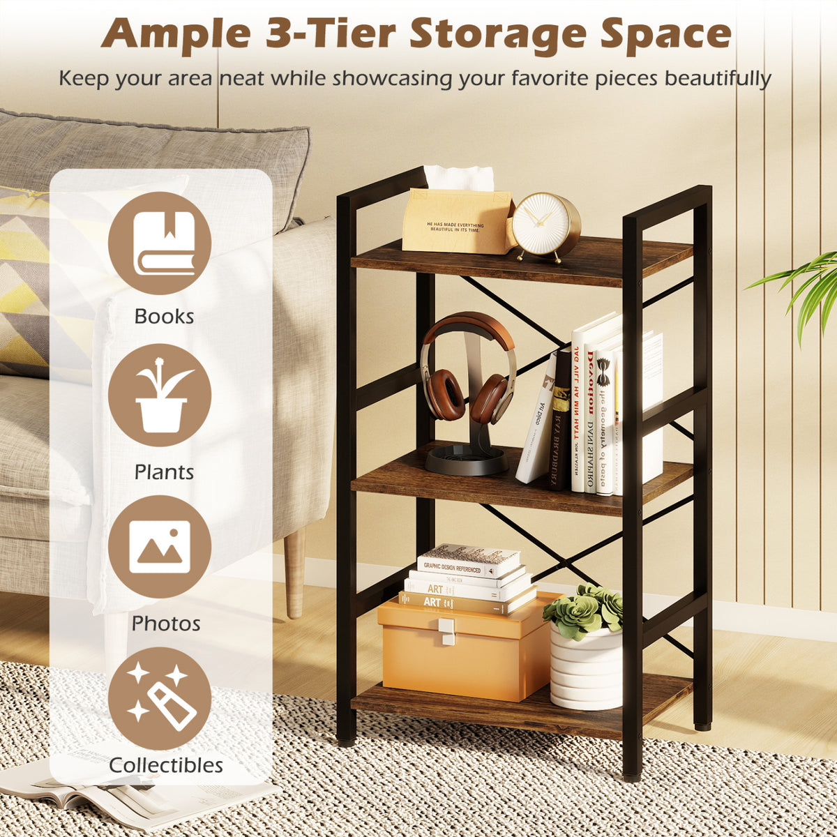 4-Tier Bookshelf with Metal Frame - Rustic Brown