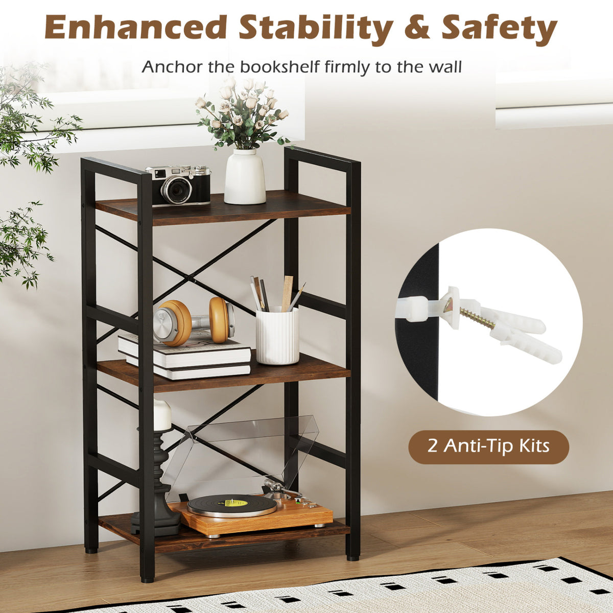 4-Tier Bookshelf with Metal Frame - Rustic Brown