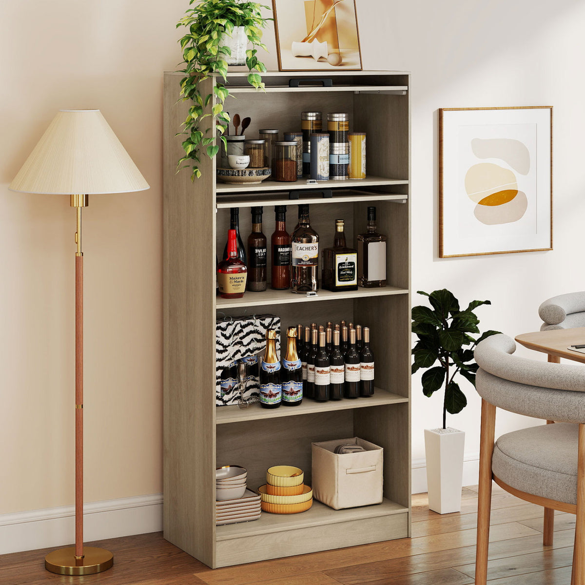 4-Tier Bookshelf with Storage Cabinets - Natural