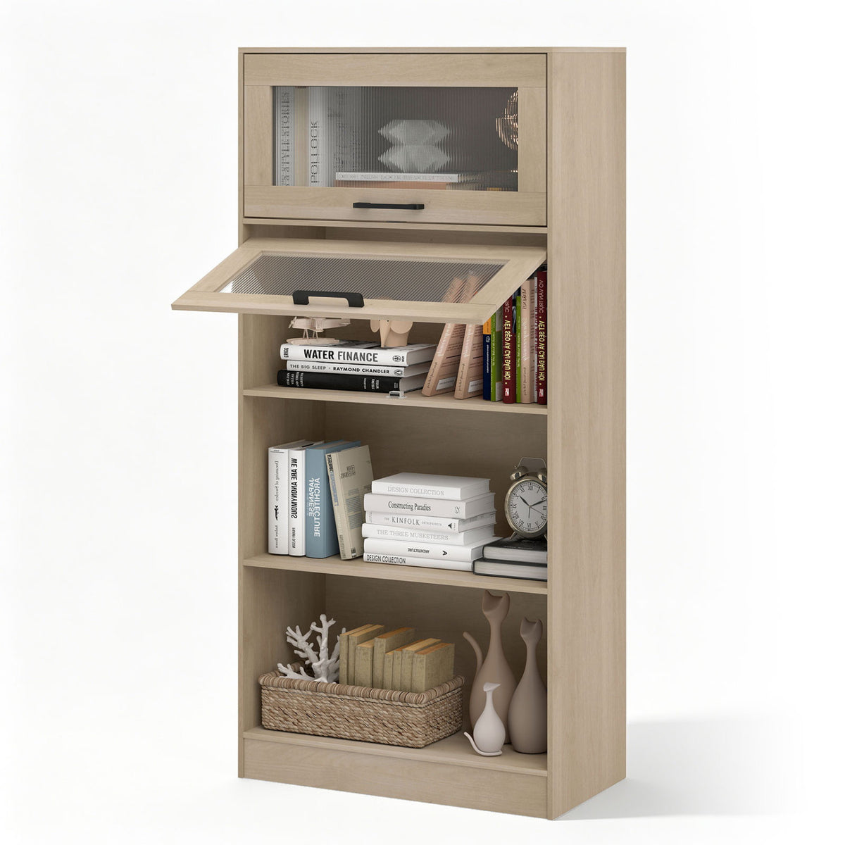 4-Tier Bookshelf with Storage Cabinets - Natural