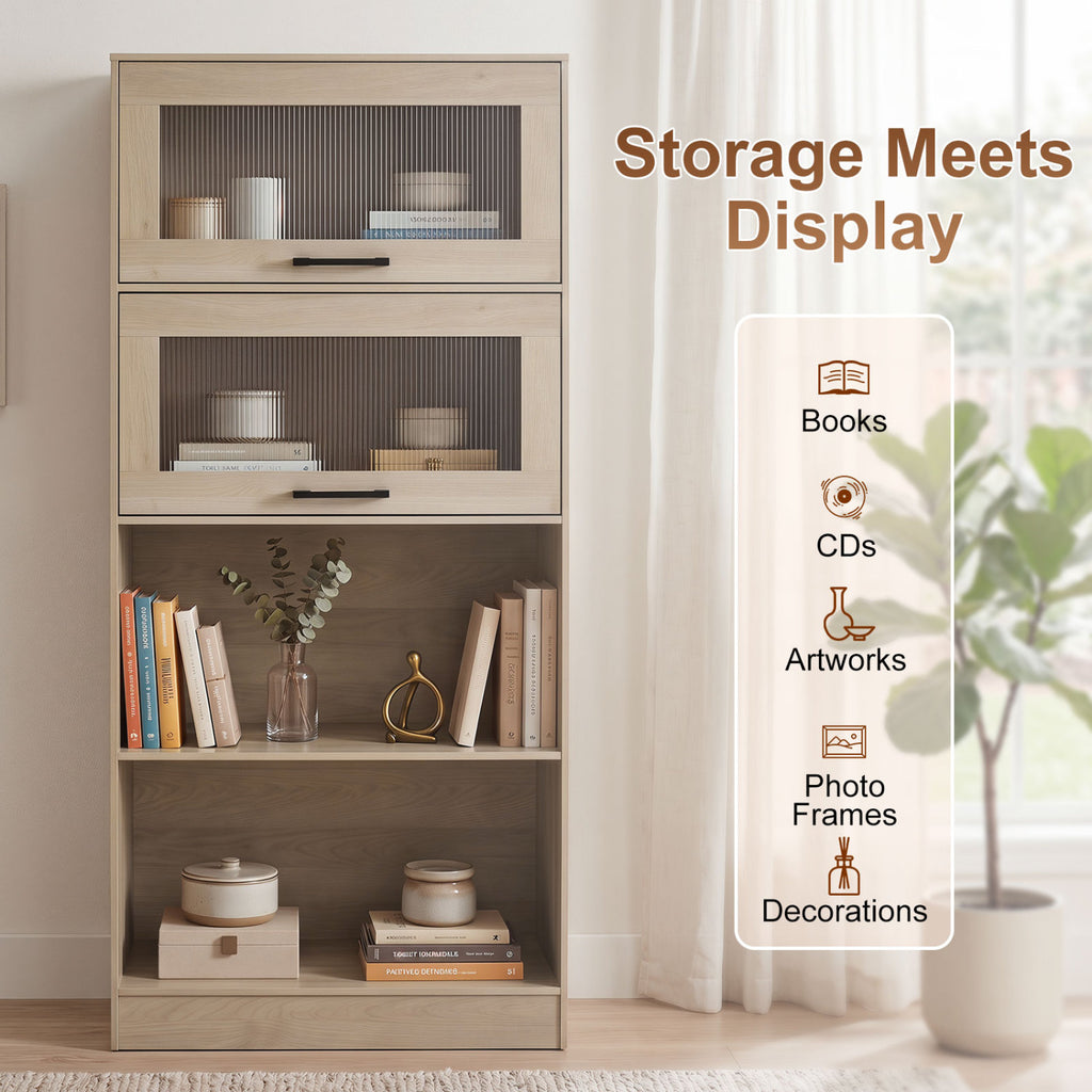 4-Tier Bookshelf with Storage Cabinets - Natural