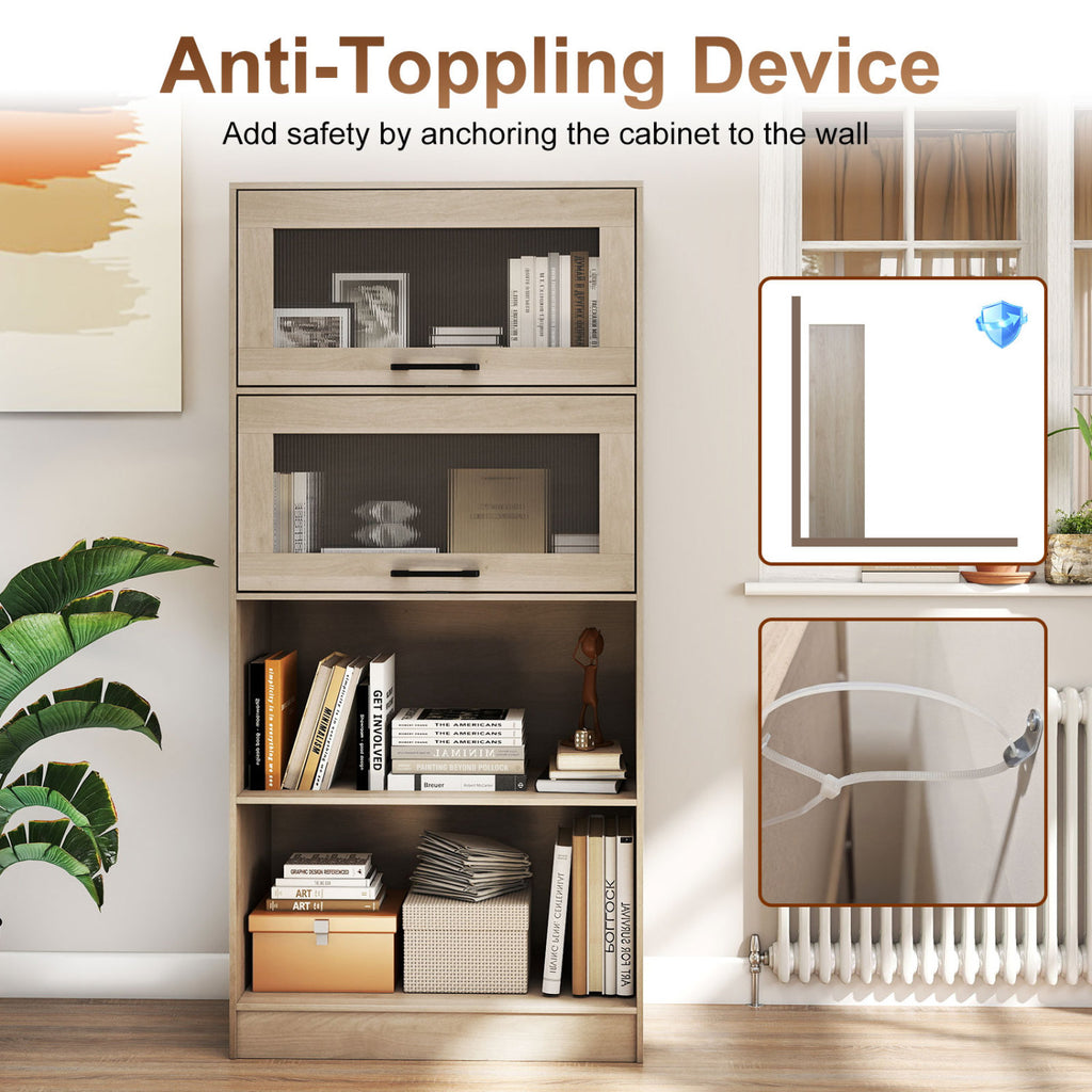 4-Tier Bookshelf with Storage Cabinets - Natural