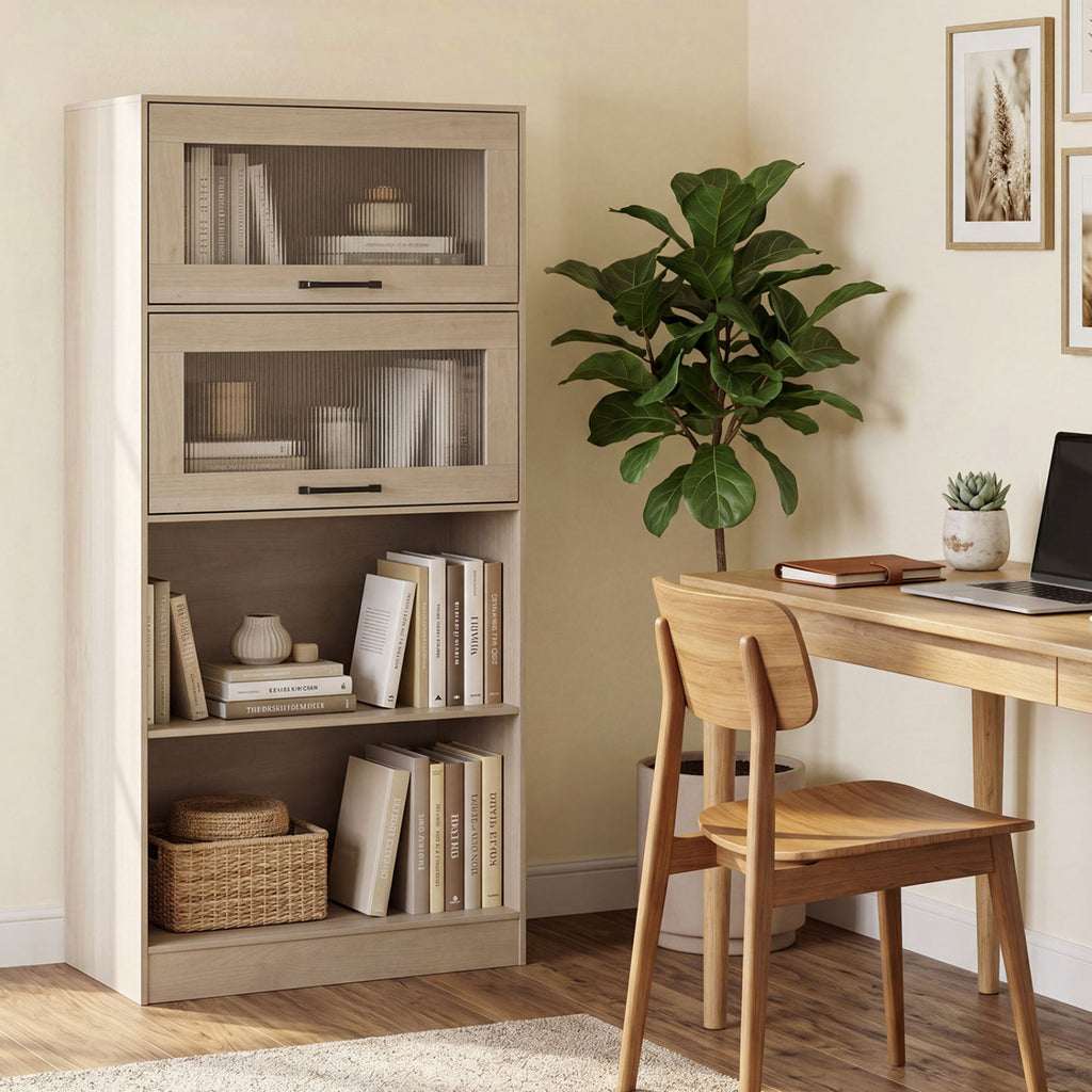 4-Tier Bookshelf with Storage Cabinets - Natural