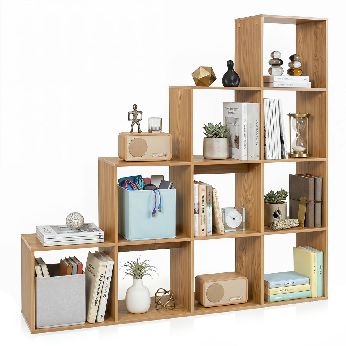 4-Tier Bookshelf with Storage Cubes & Anti-Tipping Kits - Natural