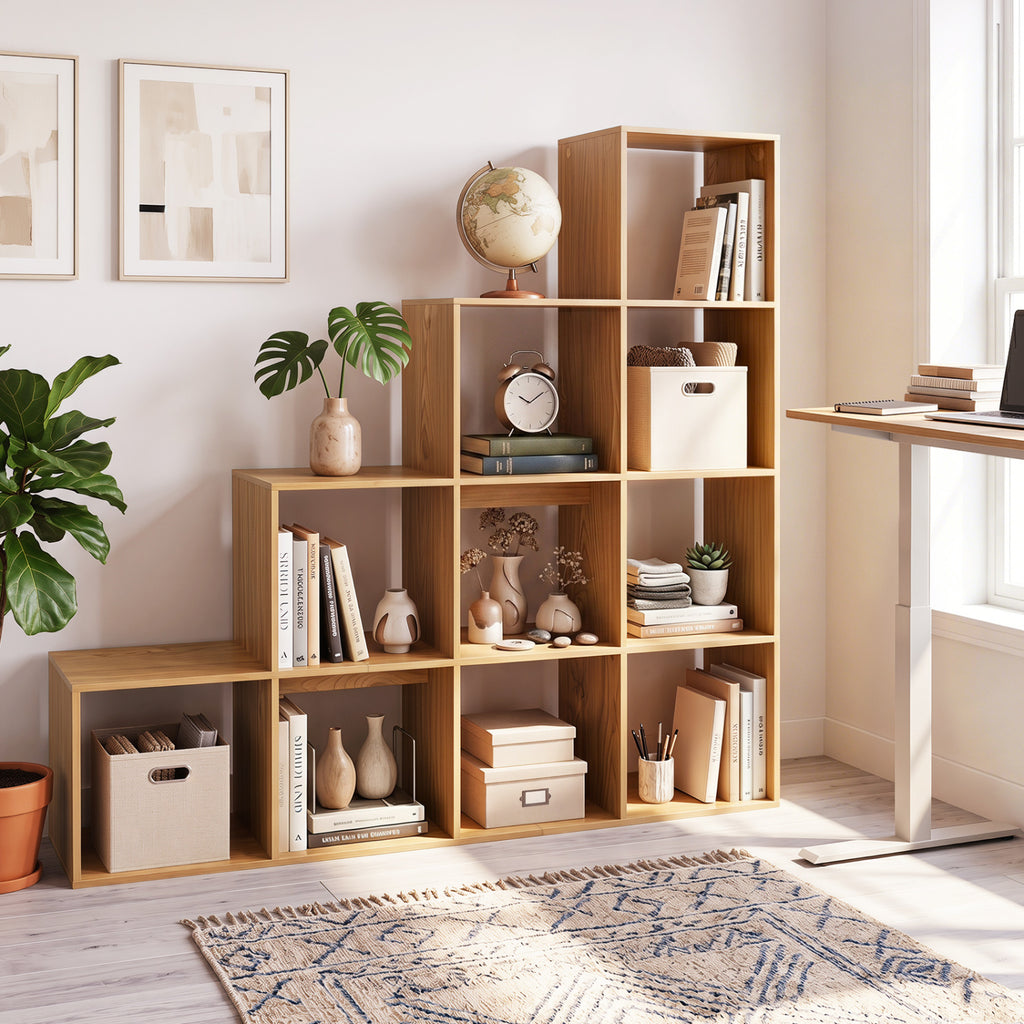 4-Tier Bookshelf with Storage Cubes & Anti-Tipping Kits - Natural