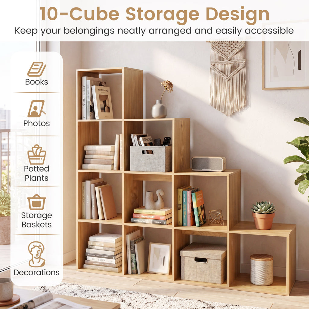 4-Tier Bookshelf with Storage Cubes & Anti-Tipping Kits - Natural