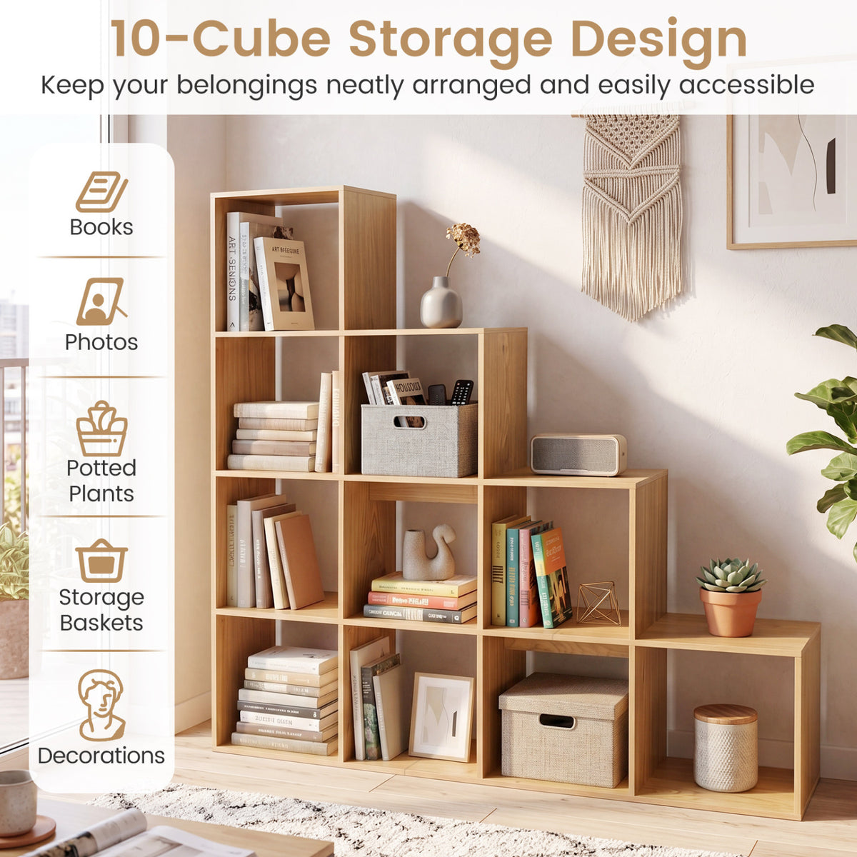 4-Tier Bookshelf with Storage Cubes & Anti-Tipping Kits - Natural