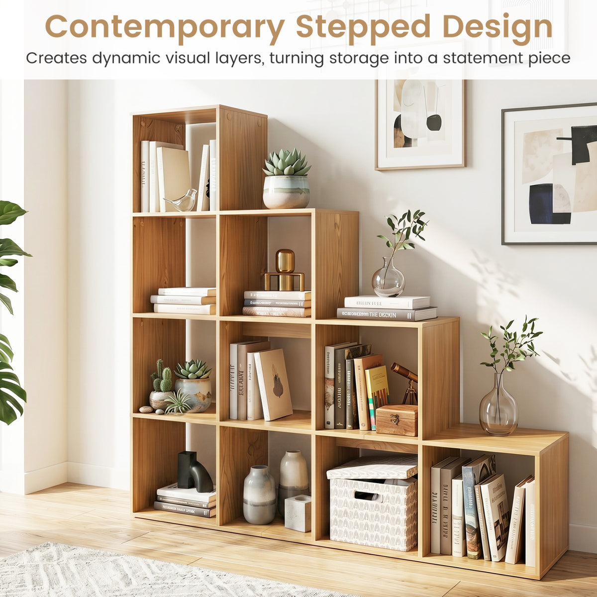 4-Tier Bookshelf with Storage Cubes & Anti-Tipping Kits - Natural