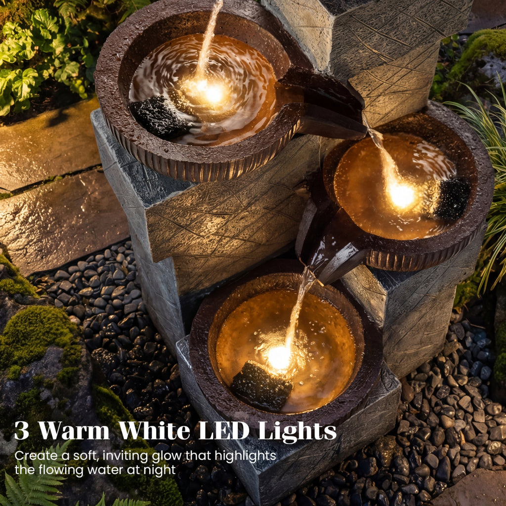 Brown 4-Tier Cascading Water Fountain with LED Lights for Outdoor Garden