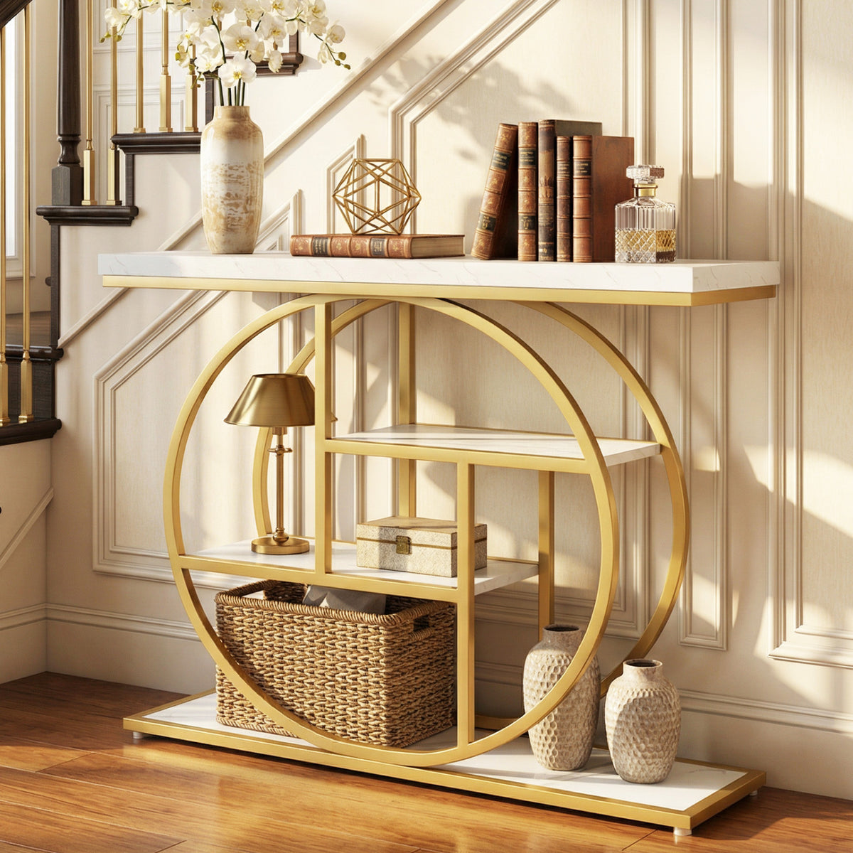 4-Tier Console Table 41 Inches Entryway Table - White with Storage Shelves