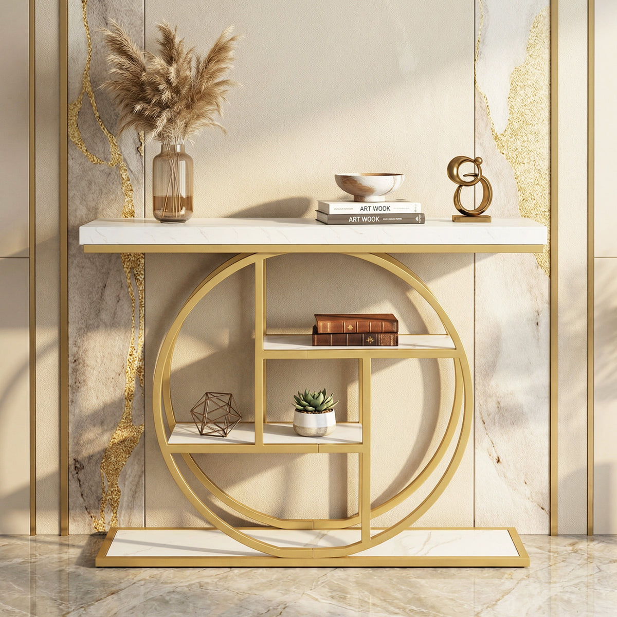 4-Tier Console Table 41 Inches Entryway Table - White with Storage Shelves