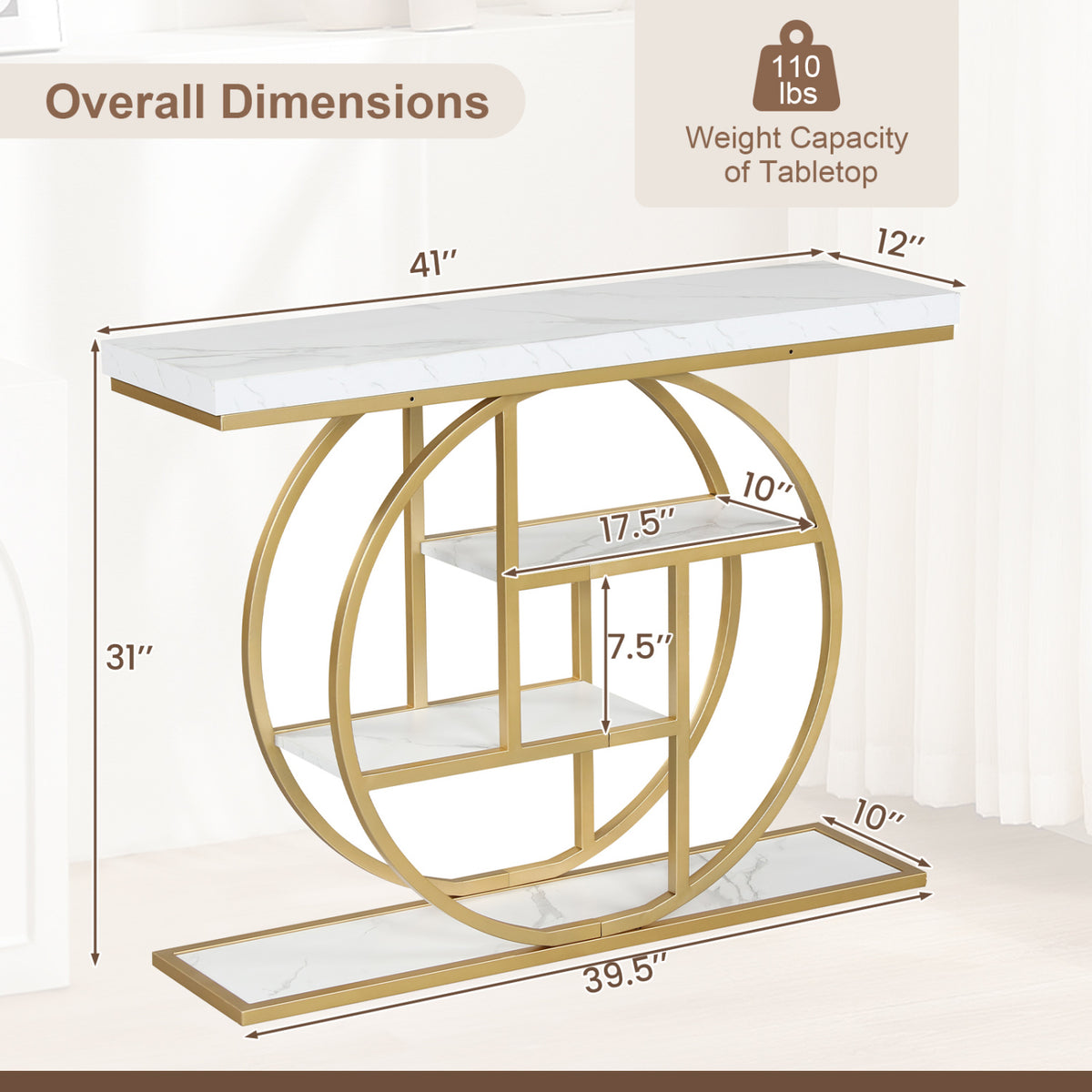 4-Tier Console Table 41 Inches Entryway Table - White with Storage Shelves