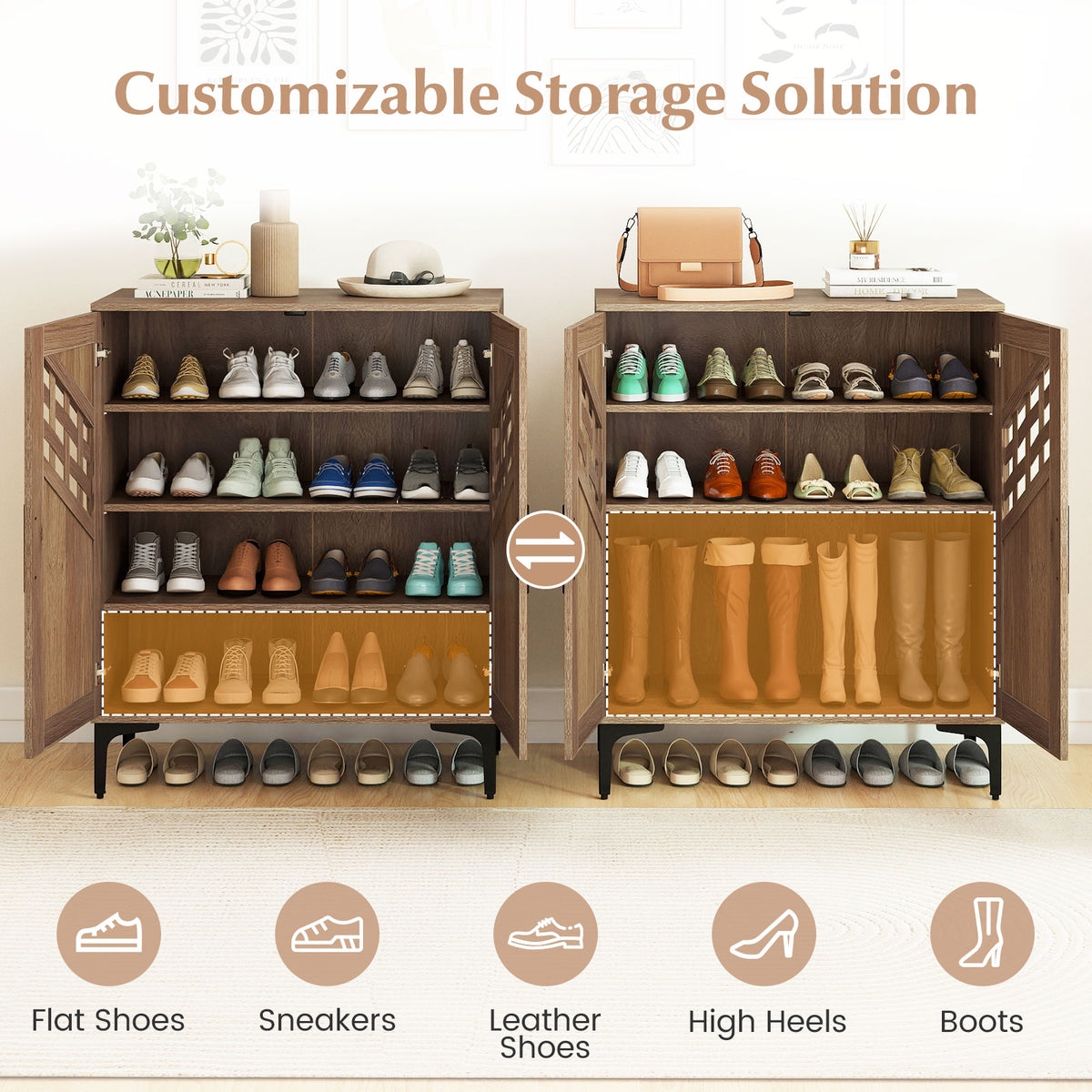 Farmhouse Shoe Storage Cabinet with Removable Shelves - Walnut