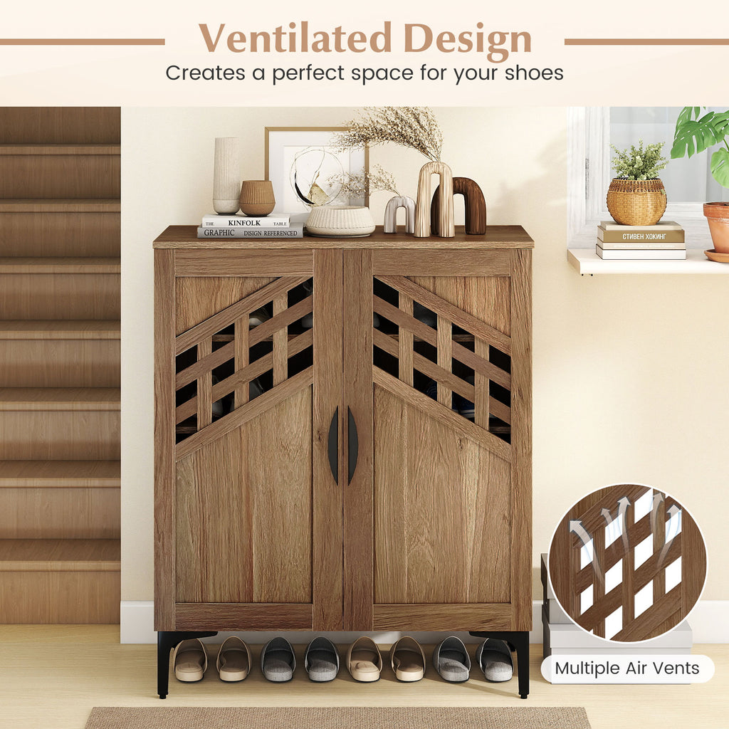 Farmhouse Shoe Storage Cabinet with Removable Shelves - Walnut