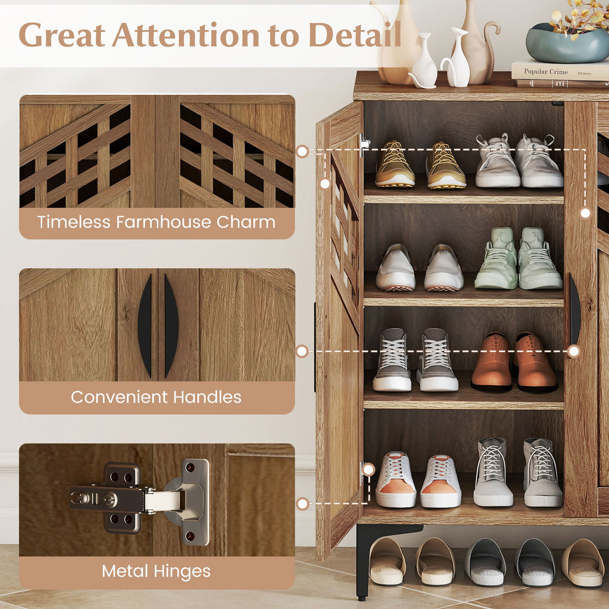 Farmhouse Shoe Storage Cabinet with Removable Shelves - Walnut