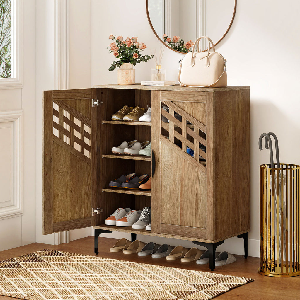 Farmhouse Shoe Storage Cabinet with Removable Shelves - Walnut