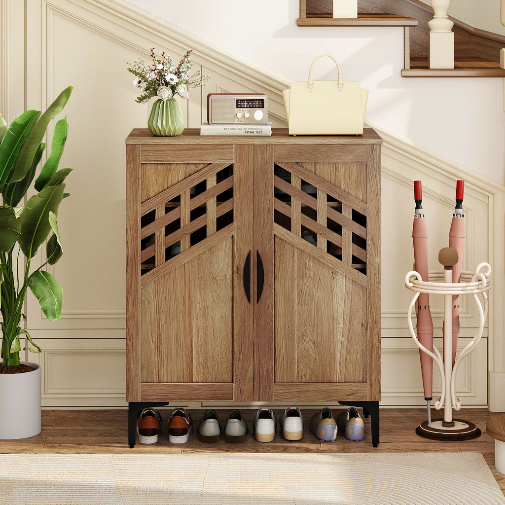 Farmhouse Shoe Storage Cabinet with Removable Shelves - Walnut