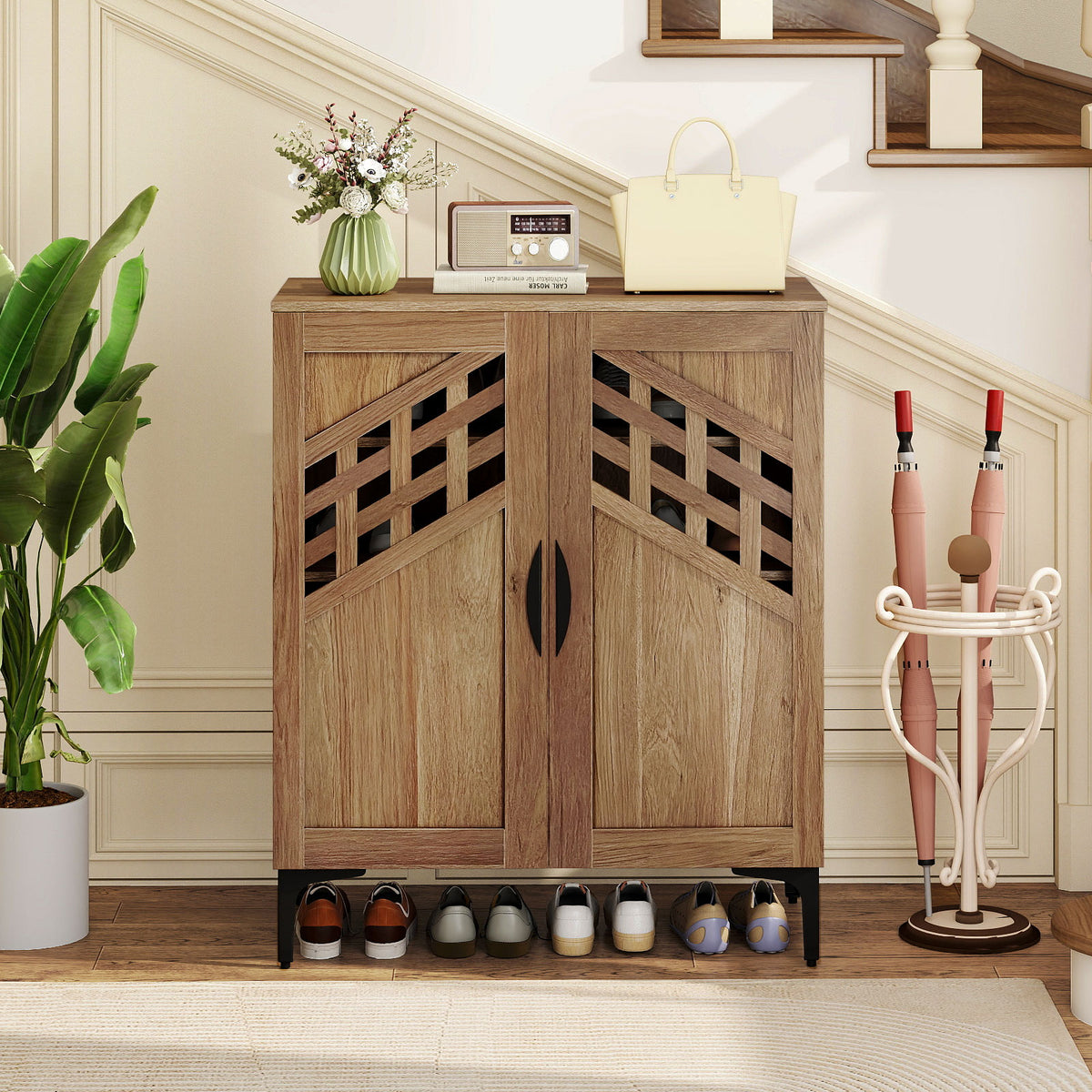 Farmhouse Shoe Storage Cabinet with Removable Shelves - Walnut