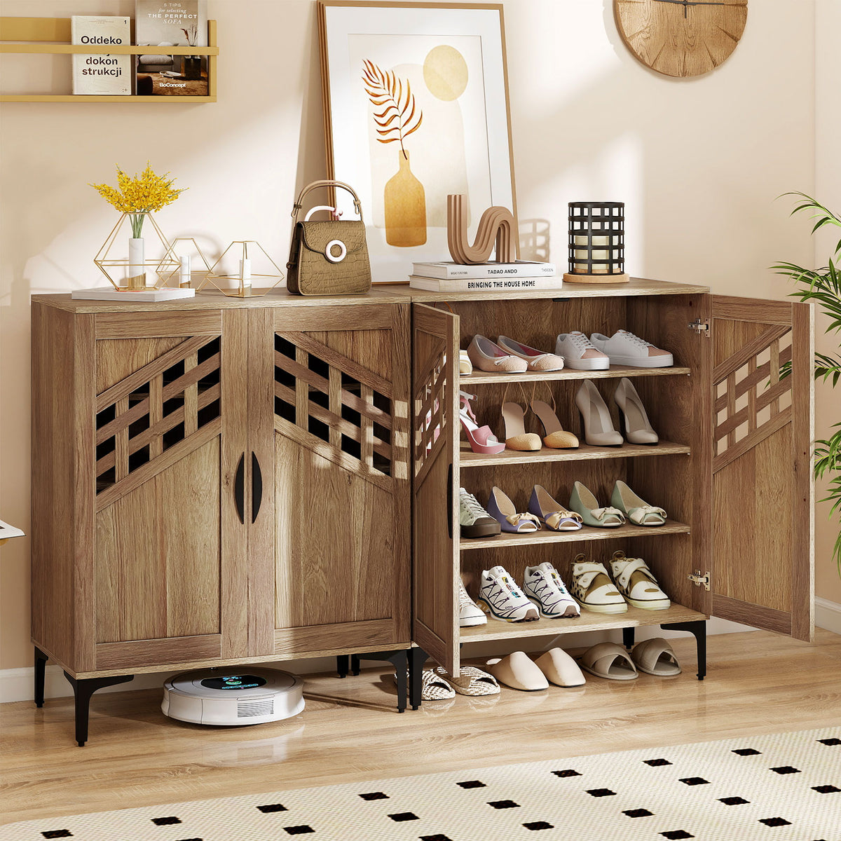 Farmhouse Shoe Storage Cabinet with Removable Shelves - Walnut