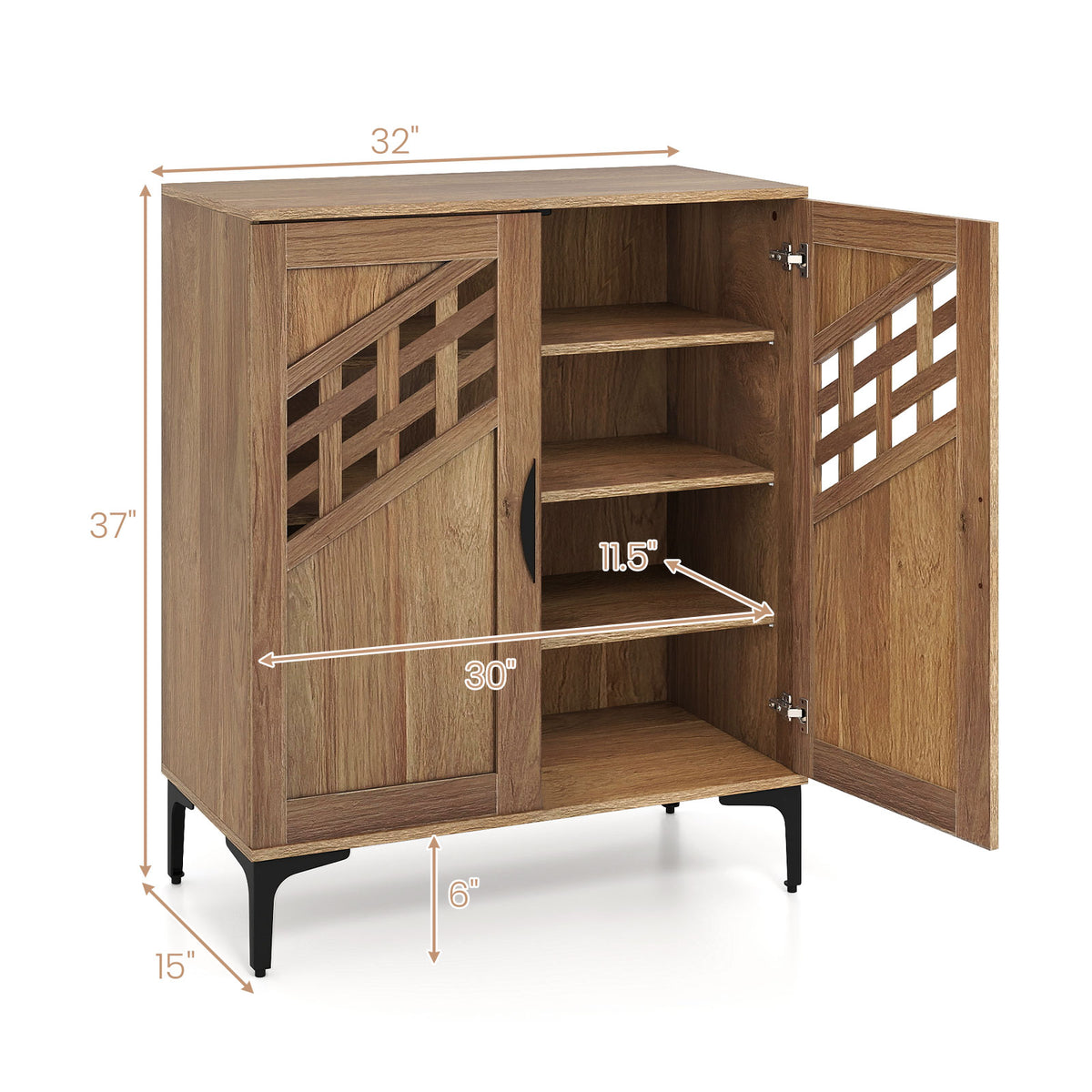 Farmhouse Shoe Storage Cabinet with Removable Shelves - Walnut