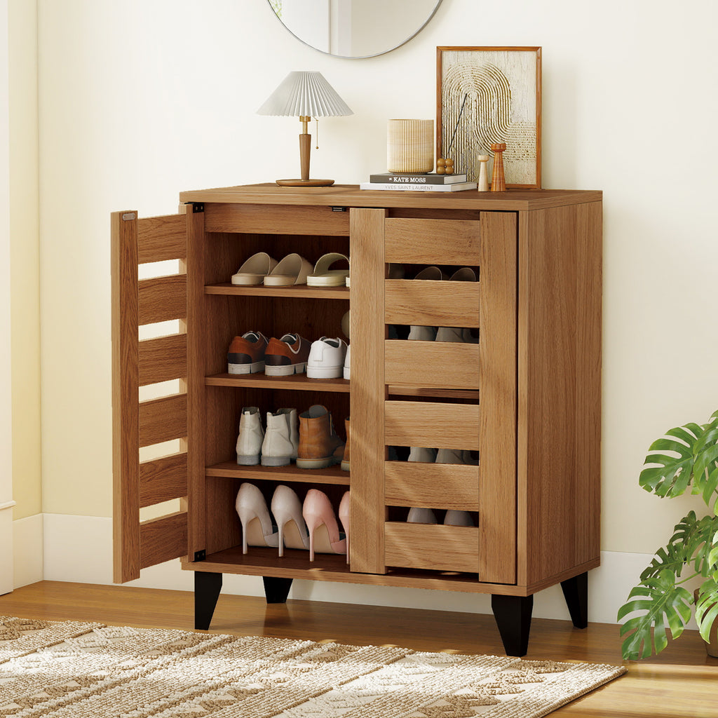 4-Tier Farmhouse Shoe Organizer with Louvered Door - Natural