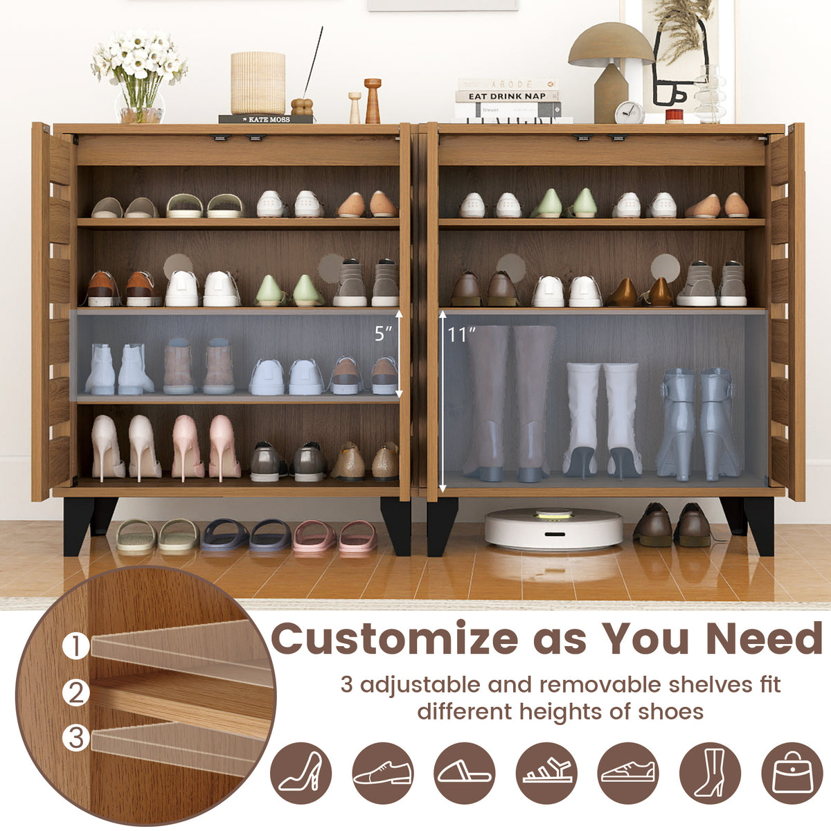 4-Tier Farmhouse Shoe Organizer with Louvered Door - Natural