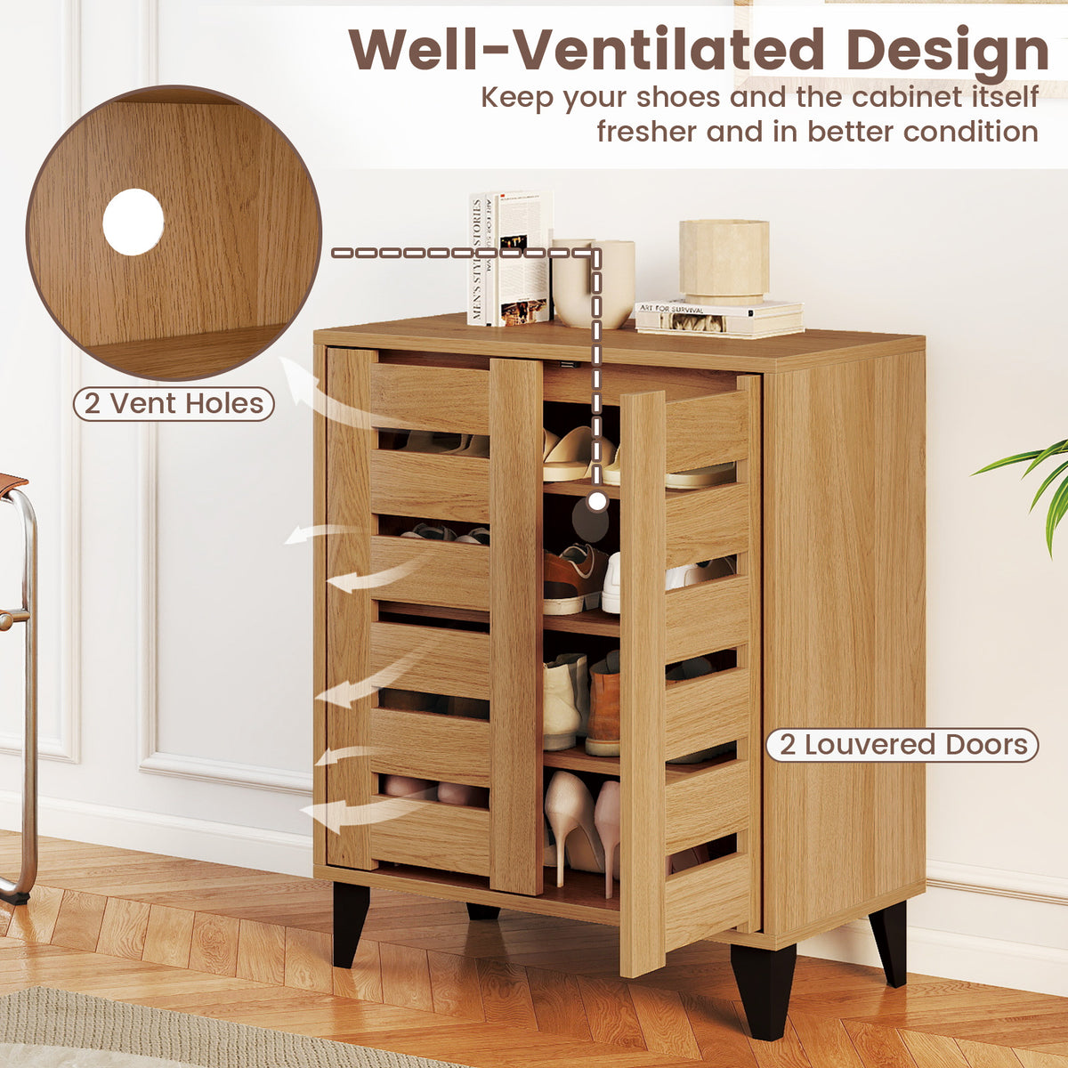 4-Tier Farmhouse Shoe Organizer with Louvered Door - Natural