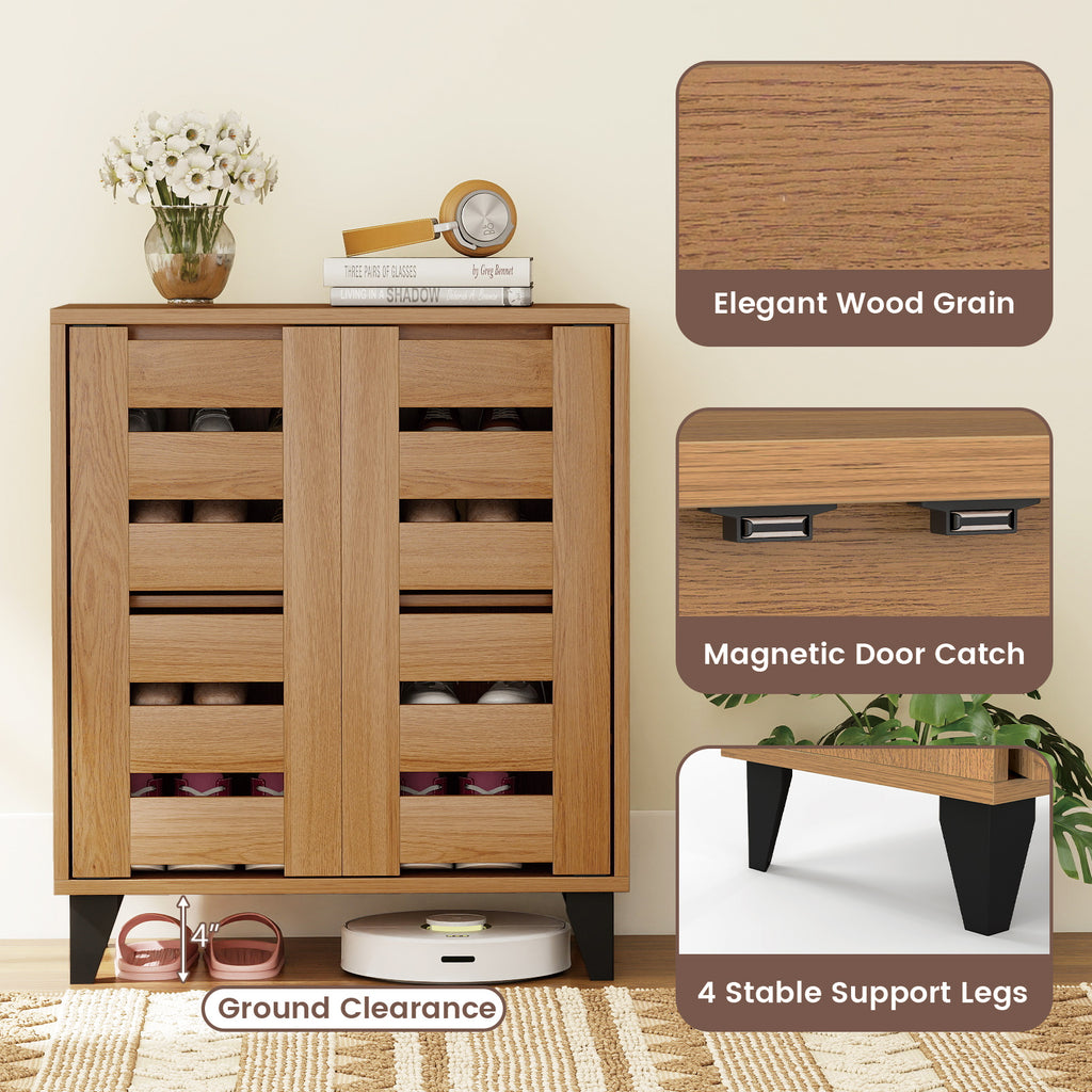 4-Tier Farmhouse Shoe Organizer with Louvered Door - Natural