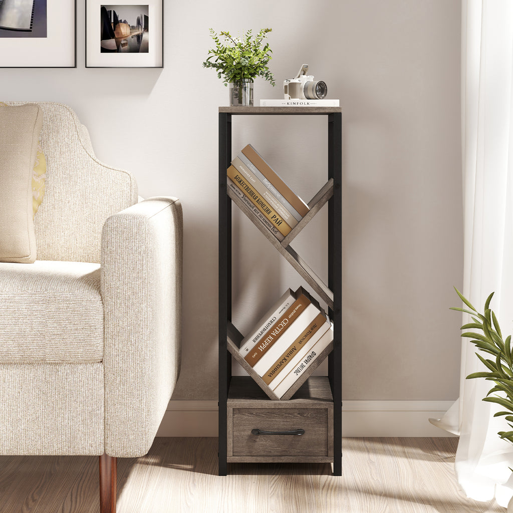 4 Tier Floor Tree Bookshelf with Drawer - Gray