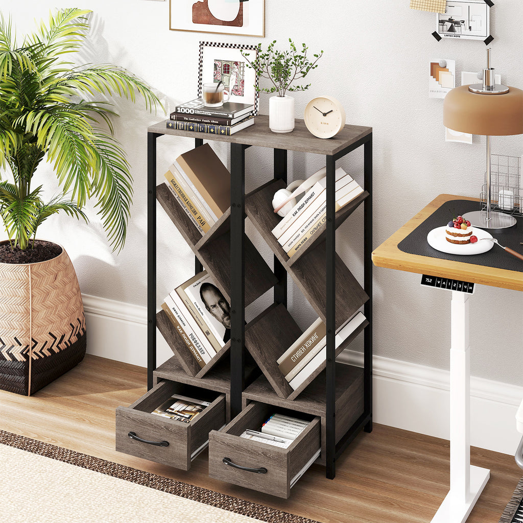 4 Tier Floor Tree Bookshelf with Drawer - Gray