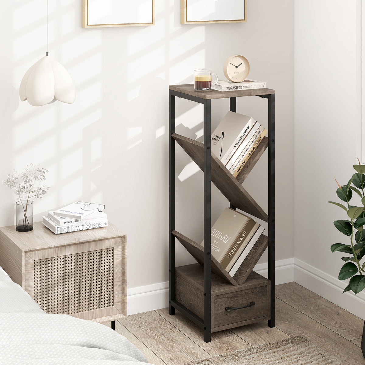4-Tier Floor Tree Bookshelf with Drawer – Gray