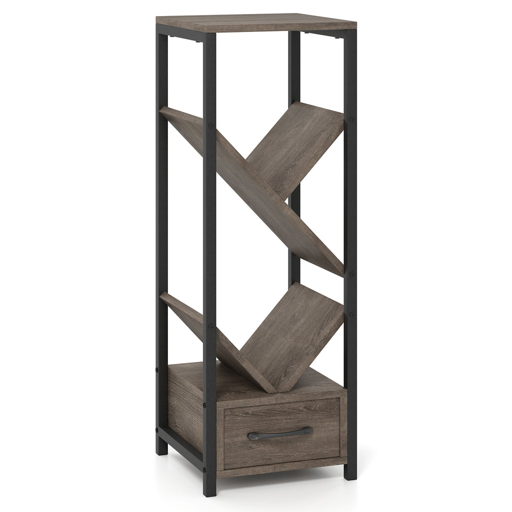 4 Tier Floor Tree Bookshelf with Drawer - Gray