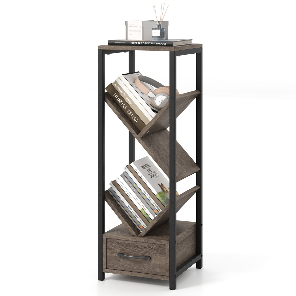 4 Tier Floor Tree Bookshelf with Drawer - Gray