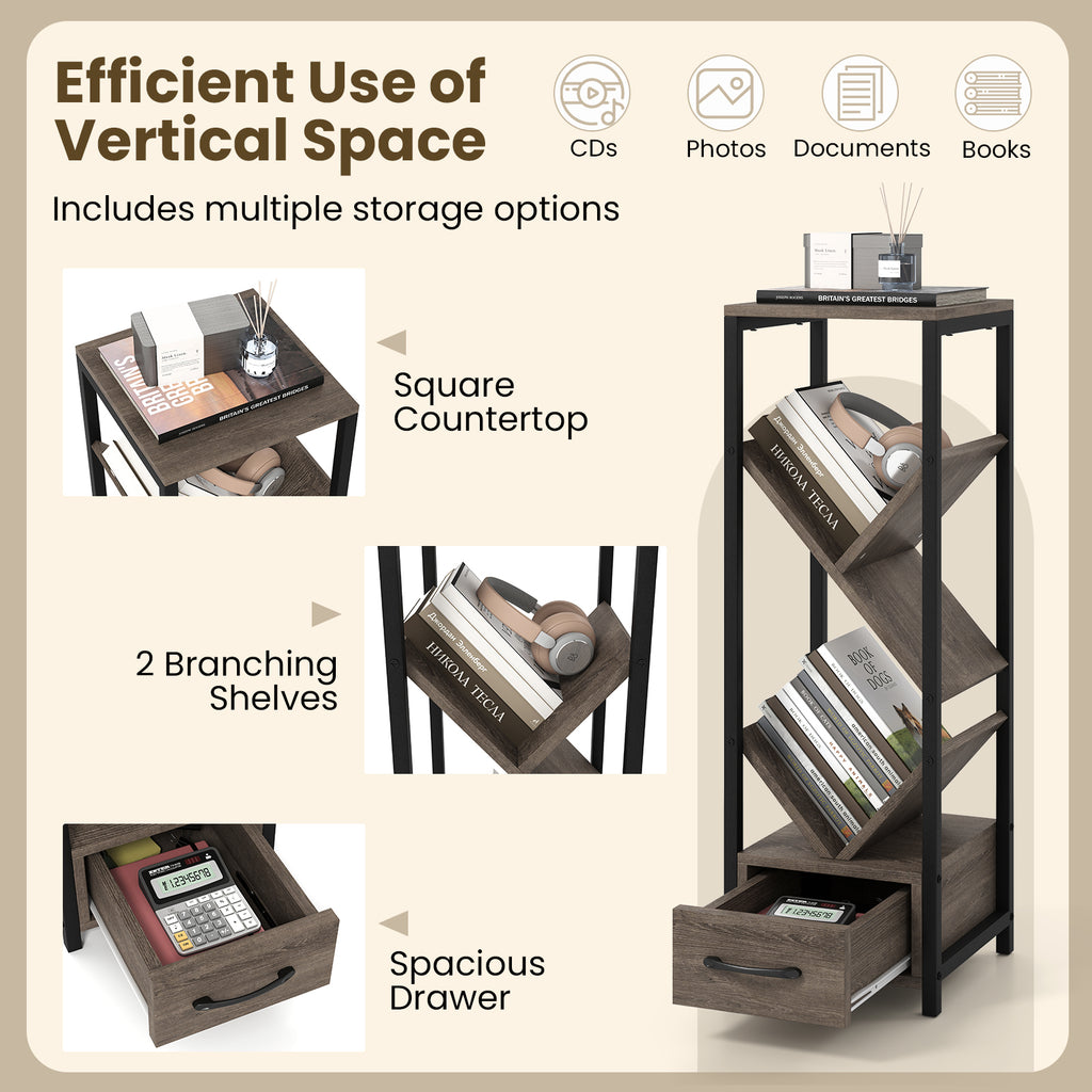4 Tier Floor Tree Bookshelf with Drawer - Gray
