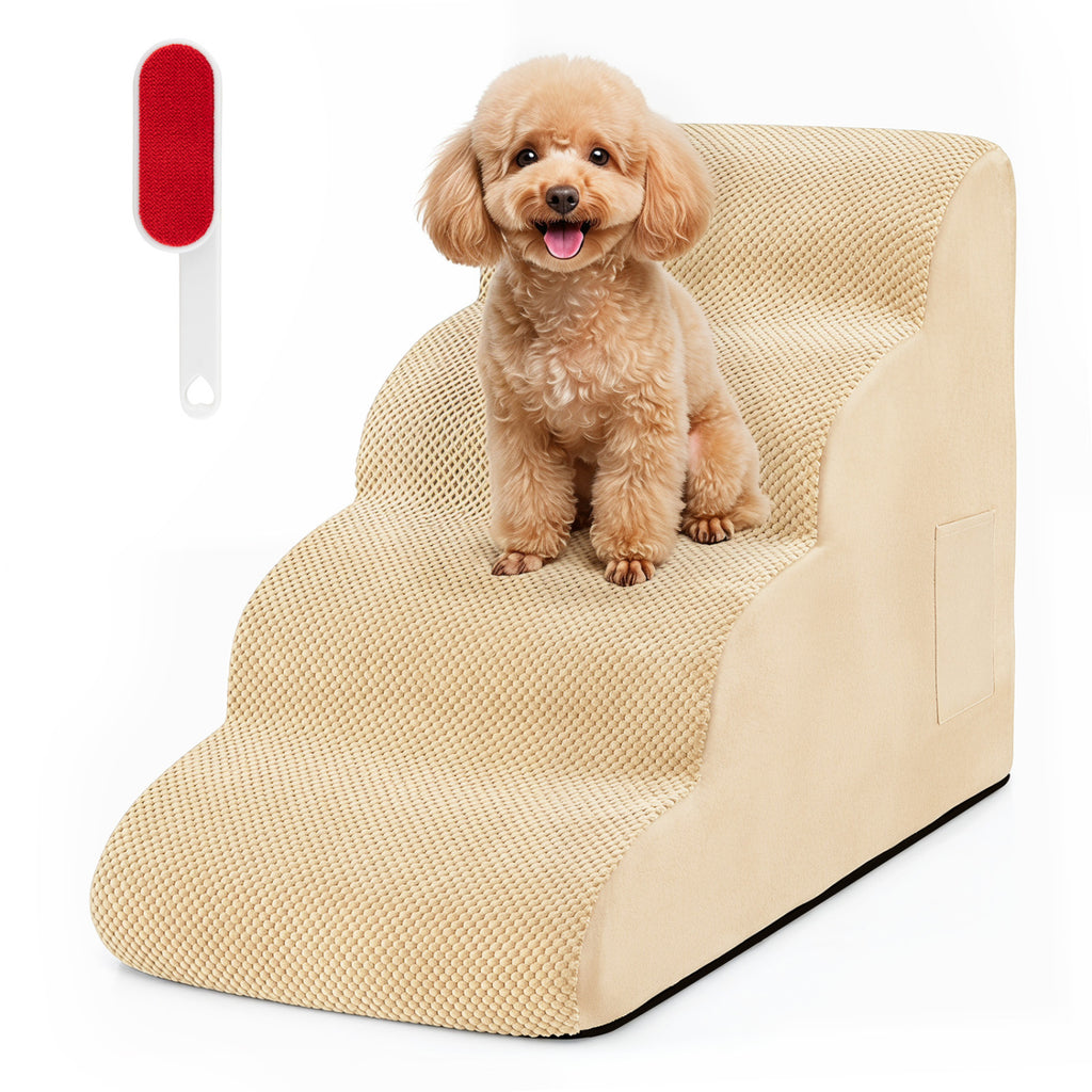 4-Tier Foam Non-Slip Dog Steps with Washable Cover & Brush - Beige