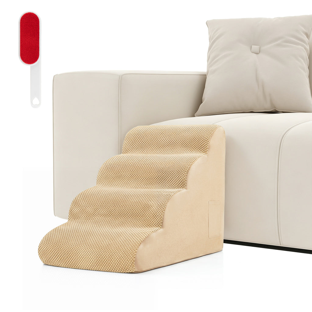 4-Tier Foam Non-Slip Dog Steps with Washable Cover & Brush - Beige