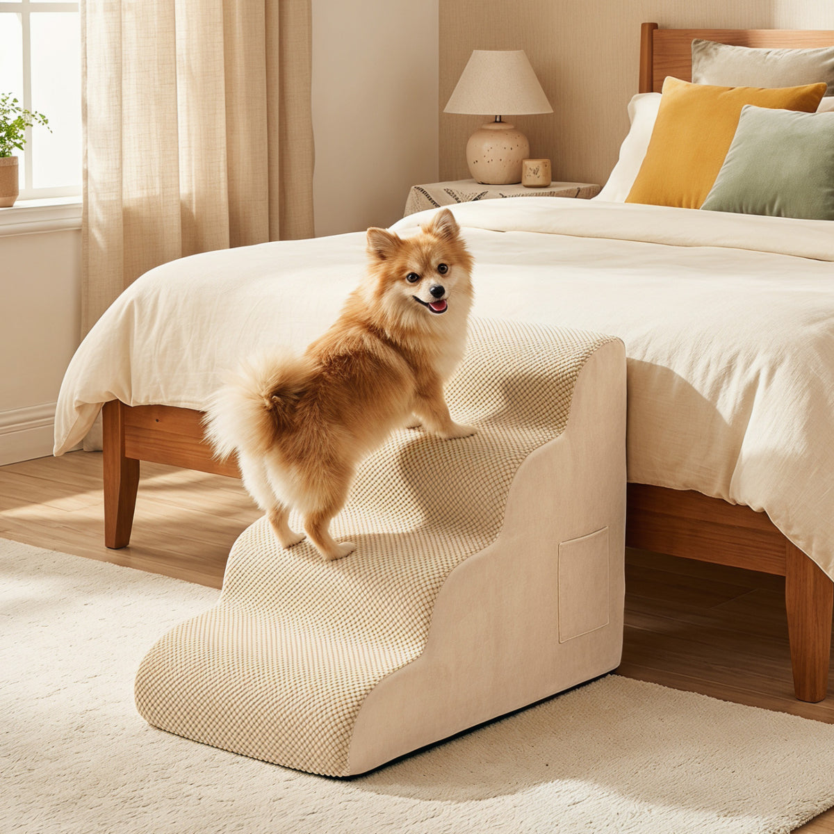 4-Tier Foam Non-Slip Dog Steps with Washable Cover & Brush - Beige