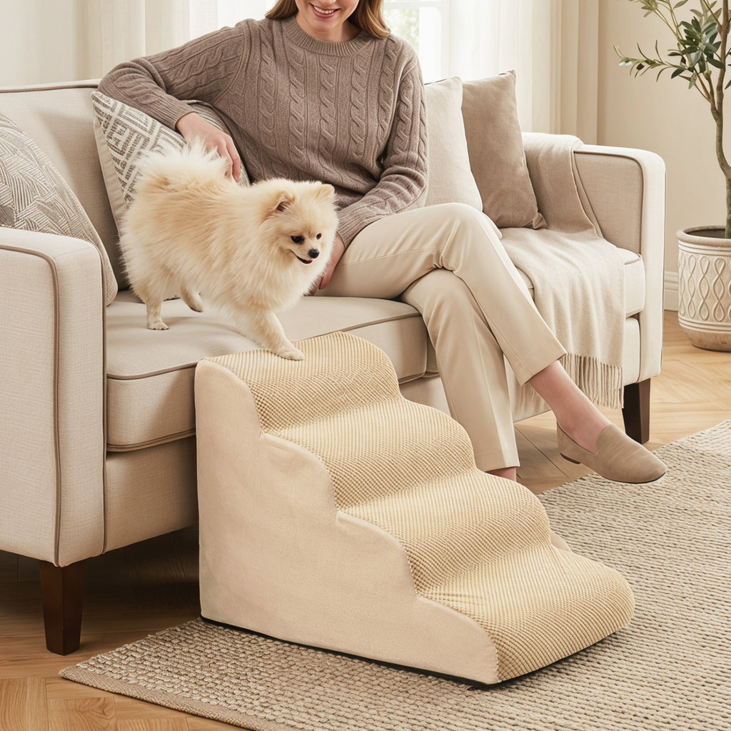 4-Tier Foam Non-Slip Dog Steps with Washable Cover & Brush - Beige