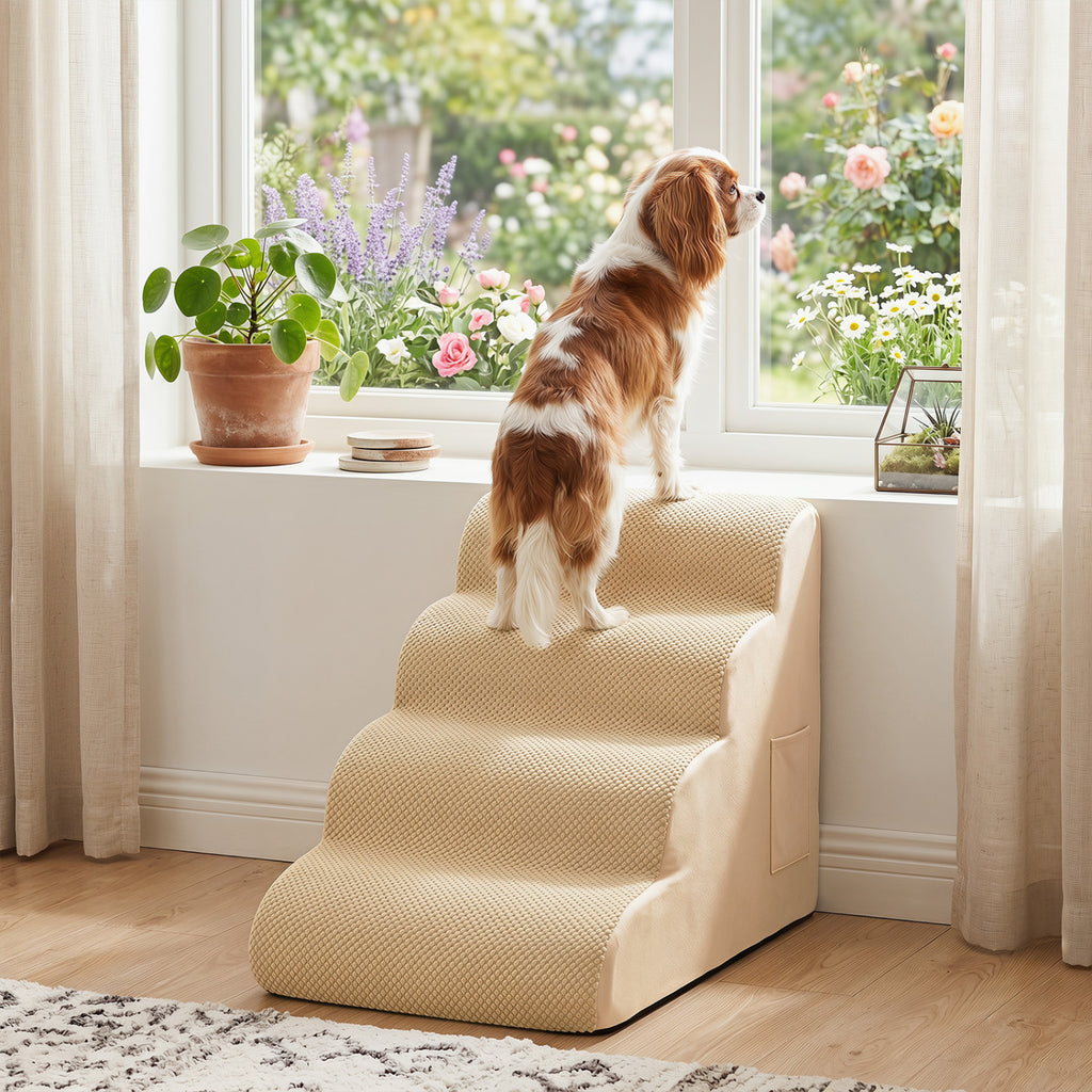 4-Tier Foam Non-Slip Dog Steps with Washable Cover & Brush - Beige