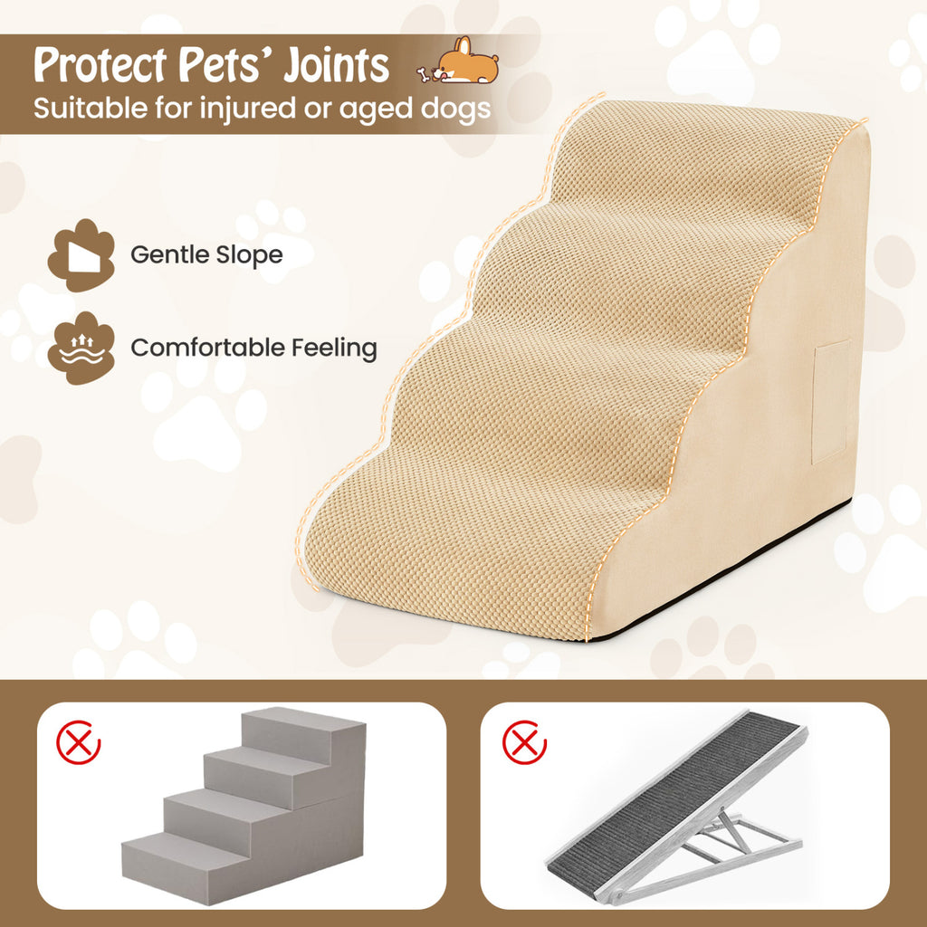 4-Tier Foam Non-Slip Dog Steps with Washable Cover & Brush - Beige