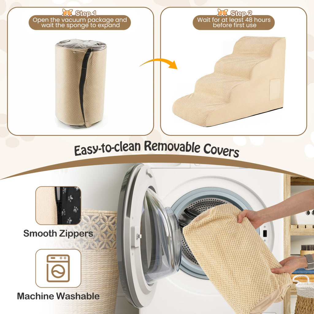 4-Tier Foam Non-Slip Dog Steps with Washable Cover & Brush - Beige