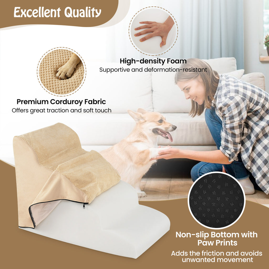 4-Tier Foam Non-Slip Dog Steps with Washable Cover & Brush - Beige