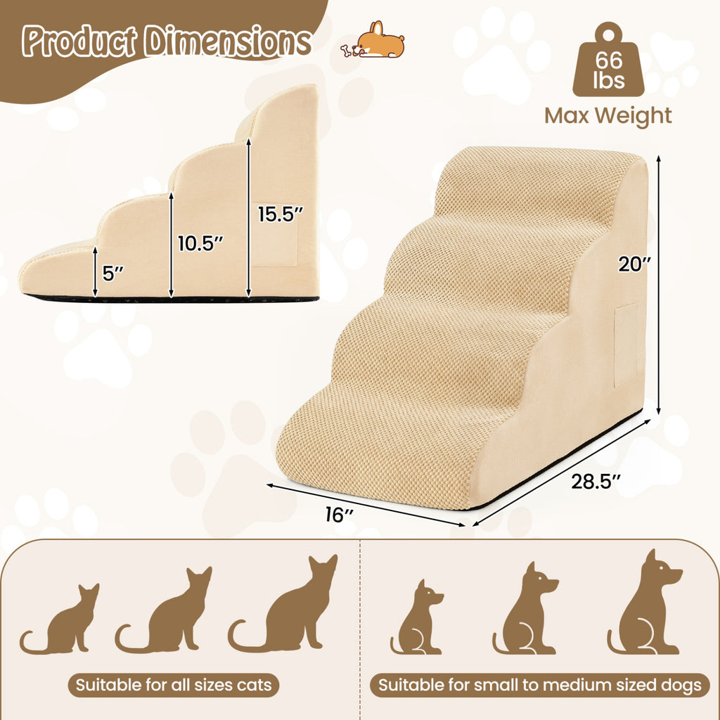 4-Tier Foam Non-Slip Dog Steps with Washable Cover & Brush - Beige
