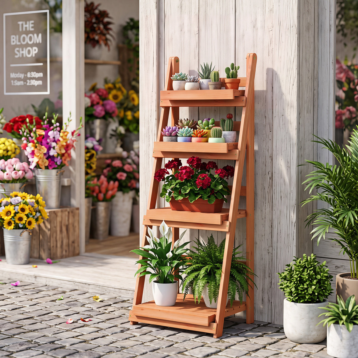 4-Tier Foldable Plant Stand with Slatted Shelves for Garden