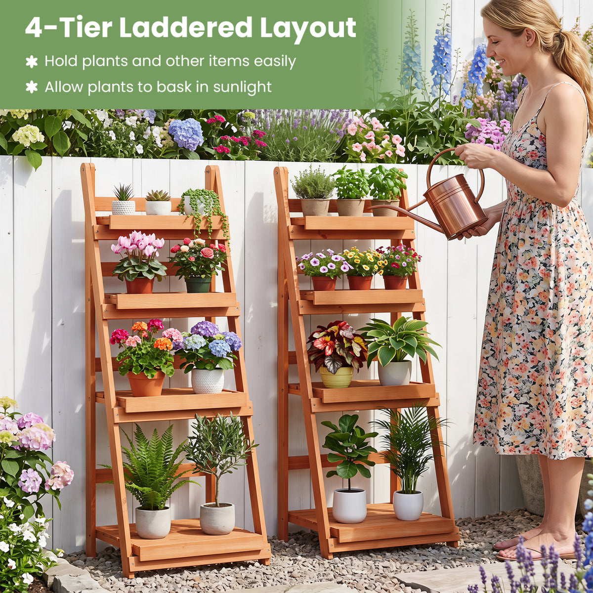 4-Tier Foldable Plant Stand with Slatted Shelves for Garden