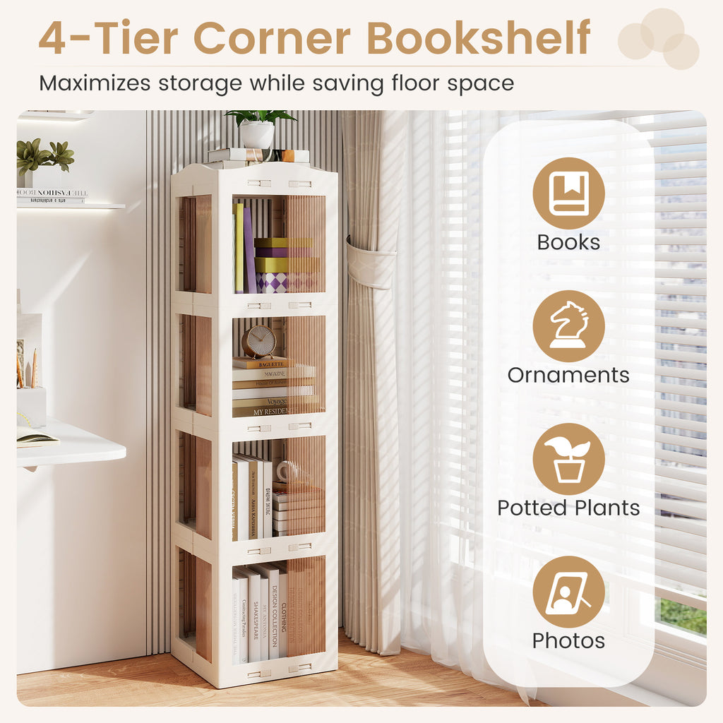 4-Tier Foldable Rotating Bookshelf with Swivel Base and Translucent