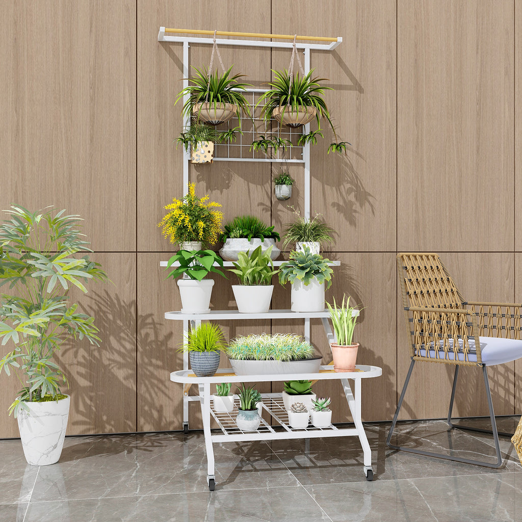 4-Tier Metal Plant Stand with Wheels & Trellis